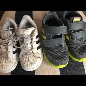 2 pairs of Adidas toddler 9 superstars & running